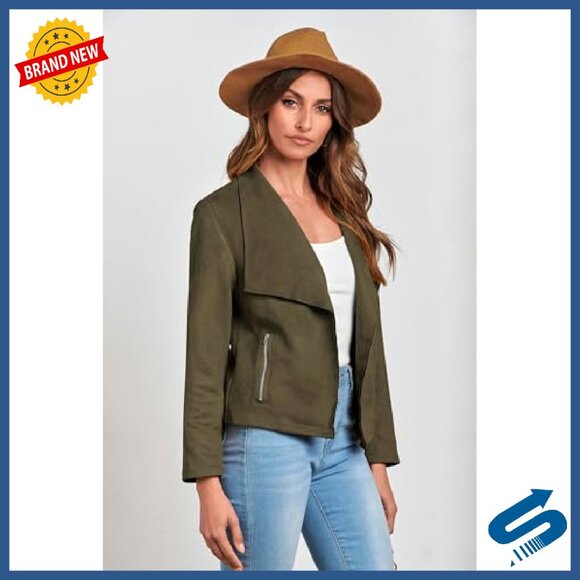 Faux Suede Cropped Jacket Open Front Waterfall Collar Women's Casual Coat - Picture 6 of 8